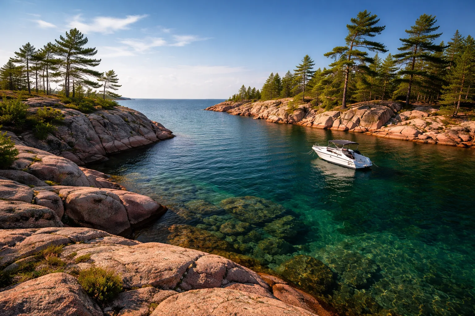 Georgian Bay at Cape Croker with Anishinaabe territory and pine-covered islands